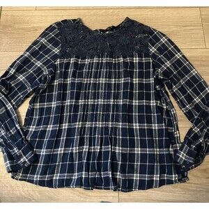 Simply Vera Vera Wang Top Womens XL Blue White Plaid Long Sleeve Lace neckline